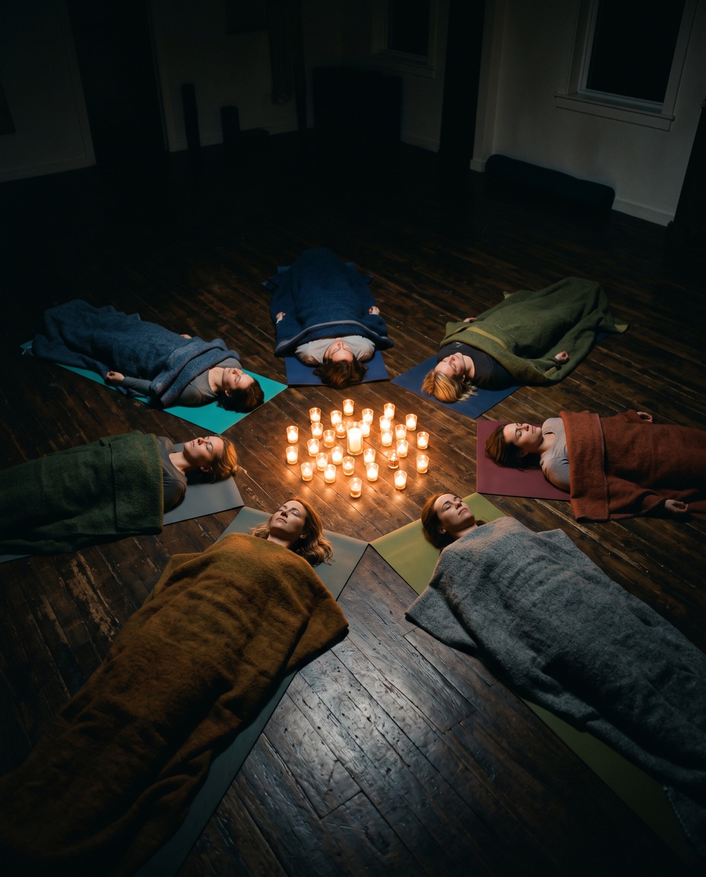 Petit groupe allongé en cercle à la lueur des bougies